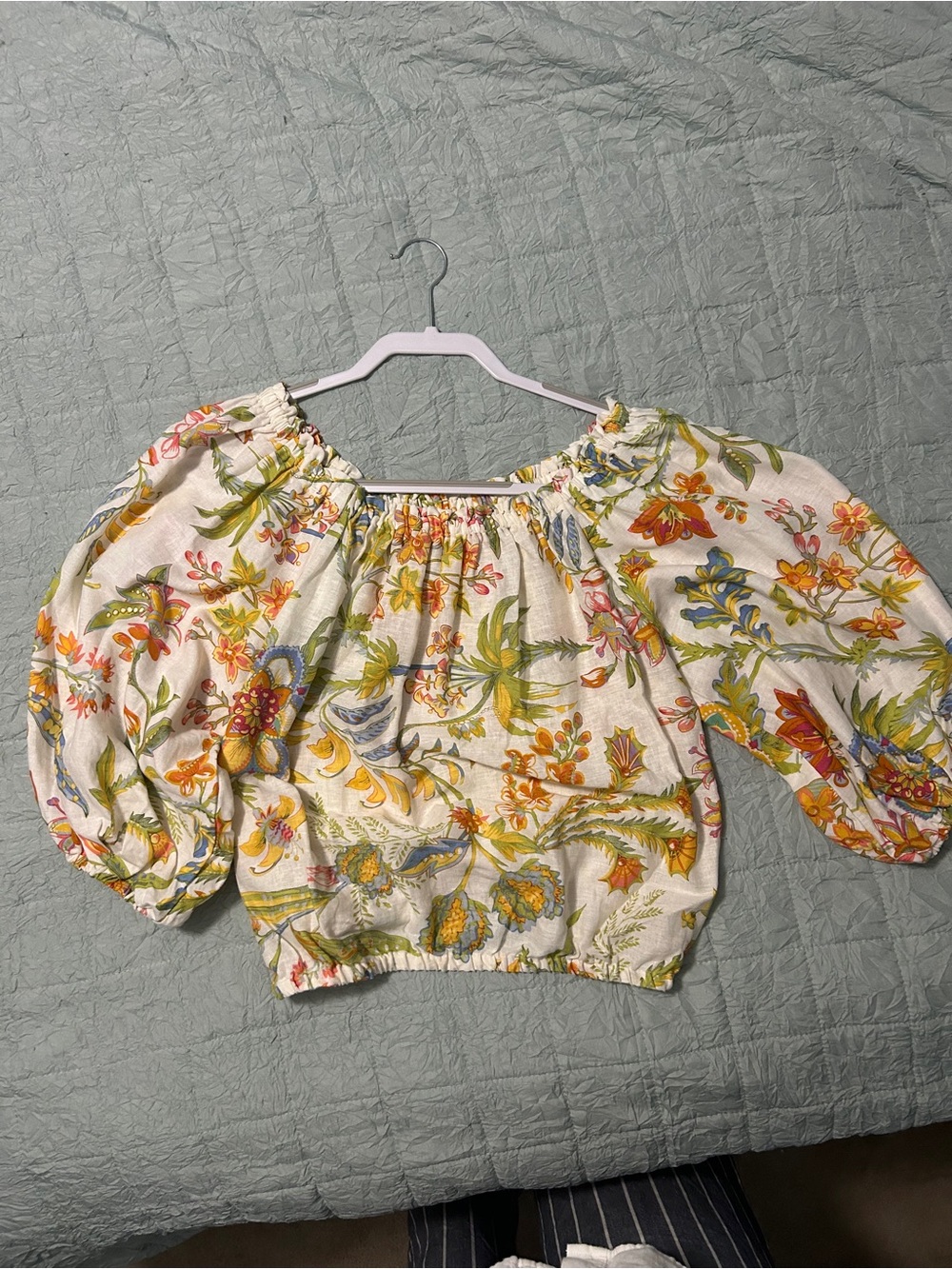 Rachel Zoe White Floral Off-Shoulder Puff Sleeve Crop Top